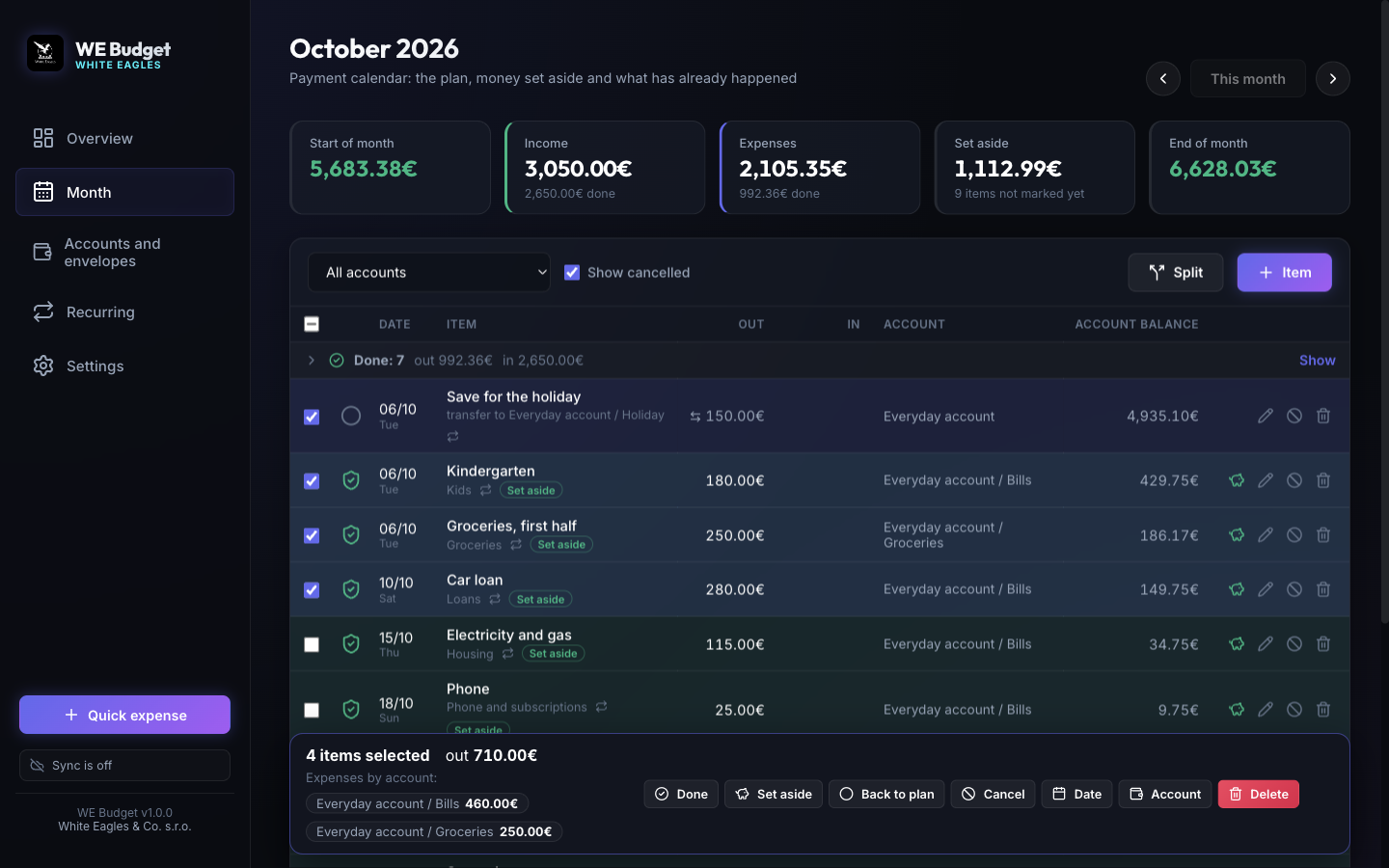 Month view with statuses, the balance per account and ticked rows added up per account