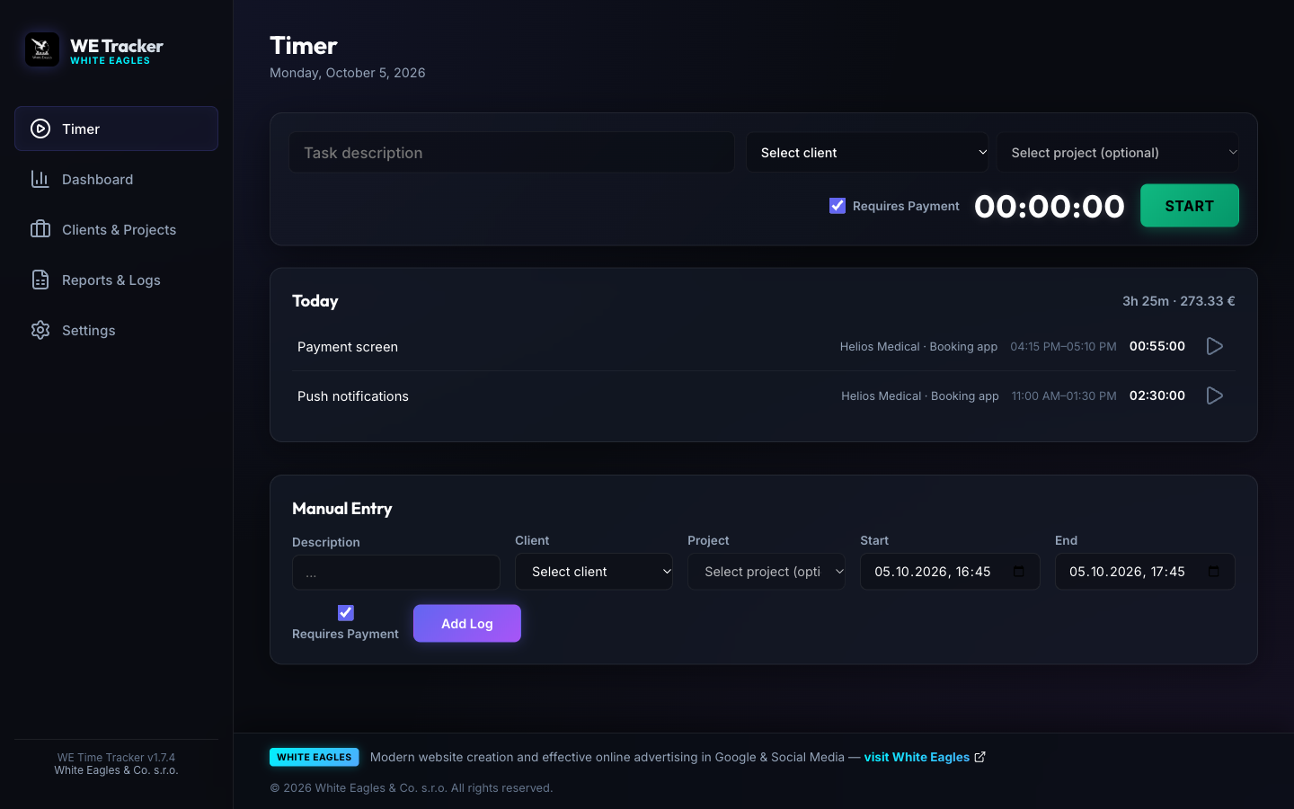 Timer view with today's entries, hours and amount earned today
